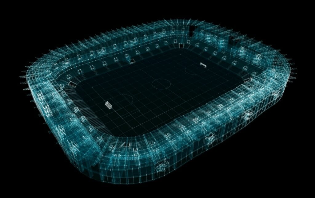 Glowing teal wireframe model of a football stadium against a black background