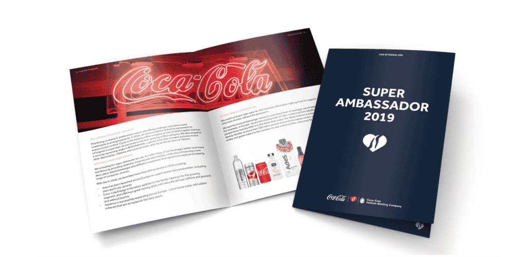 Coca-Cola Super Ambassador 2019 brochure, navy cover beside an open spread with neon logo