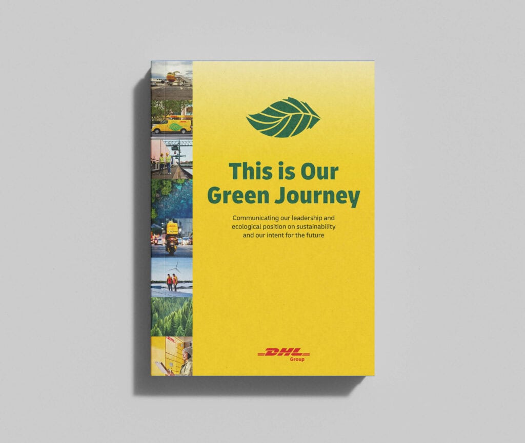 Yellow DHL Group report cover titled "This is Our Green Journey" with a green leaf motif