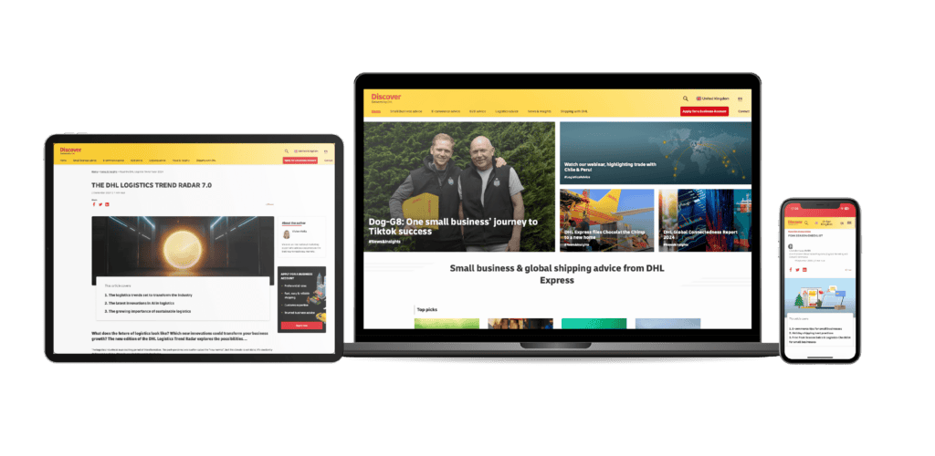 DHL Discover site shown across tablet, laptop and phone with small business shipping articles