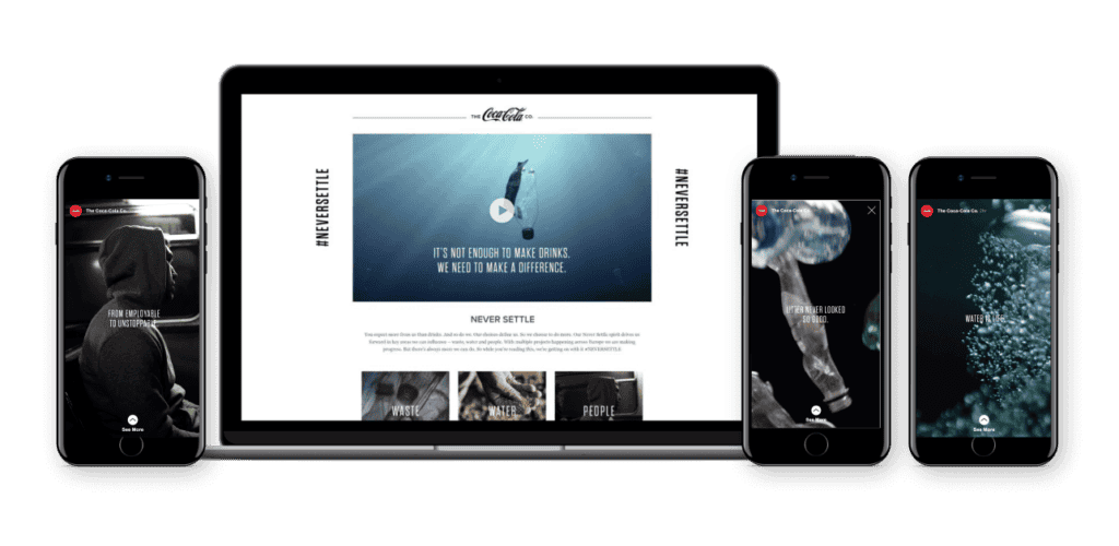 Coca-Cola Never Settle campaign site shown across a laptop and three phones with ocean imagery