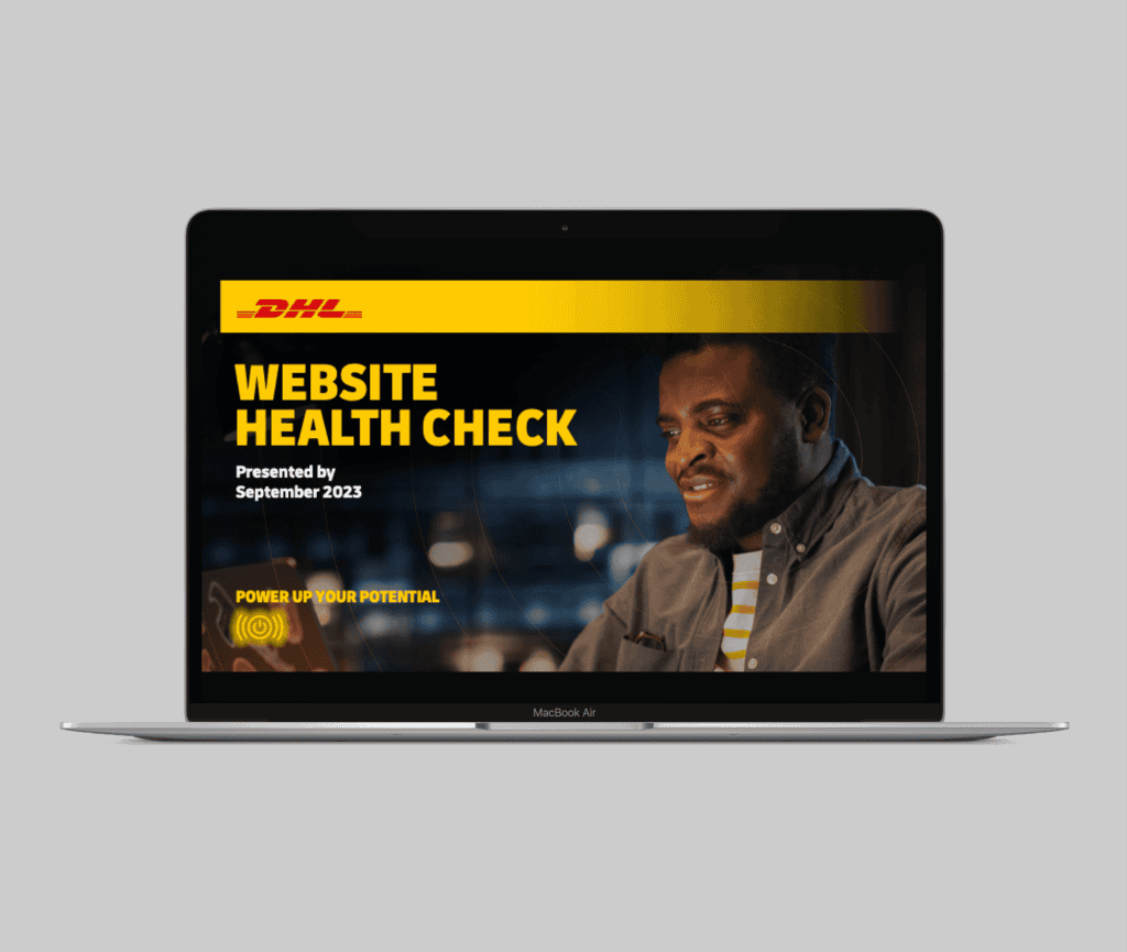 Laptop showing a DHL "Website Health Check" presentation title slide with "Power up your potential"