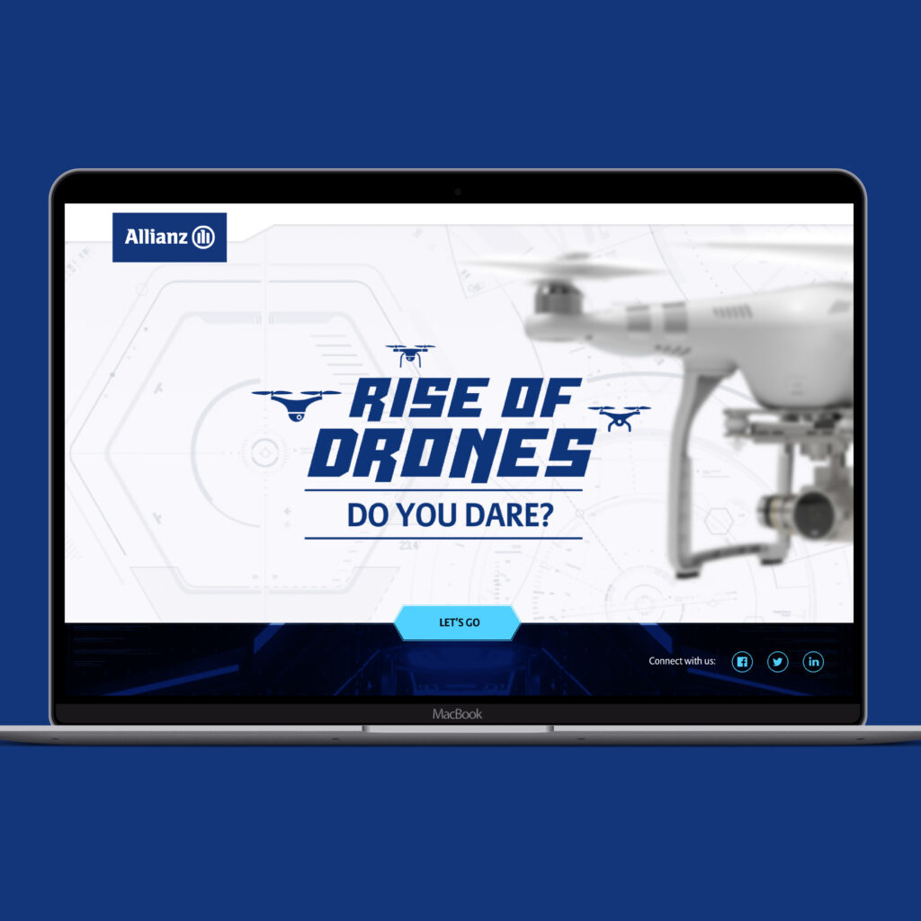 A laptop showing the Allianz Rise of Drones landing screen, reading "Rise of drones. Do you dare?" with a Let's go button.