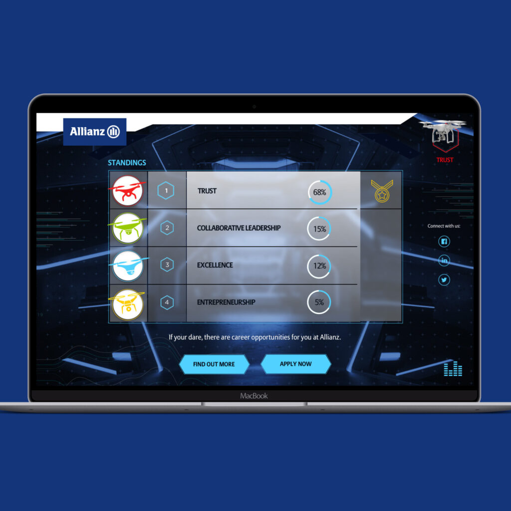 A laptop showing the Rise of Drones standings screen, ranking Trust, Collaborative Leadership, Excellence and Entrepreneurship, with Find out more and Apply now buttons.