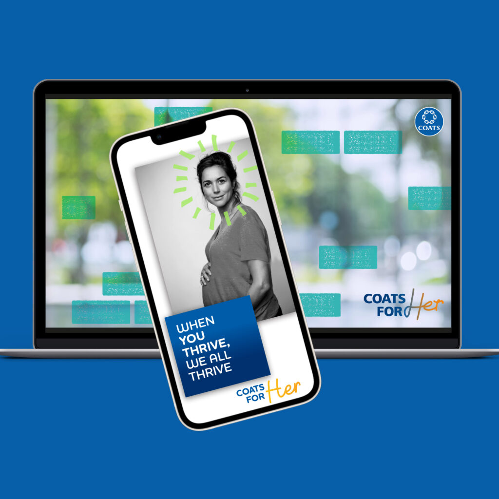 The Coats For Her campaign shown on a laptop and a phone, with a black-and-white portrait of a pregnant woman and the line "When you thrive, we all thrive".
