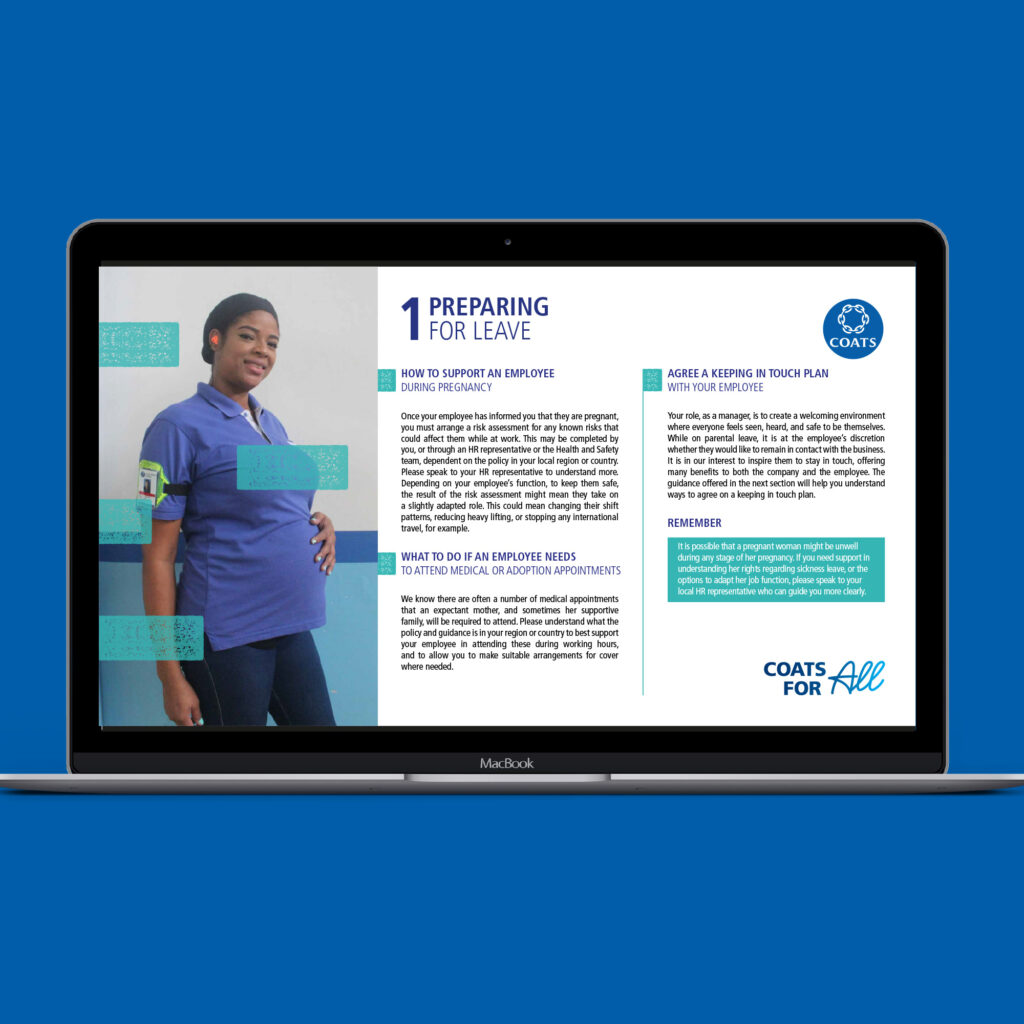 A Coats manager guide open on a laptop, headed "Preparing for leave", setting out how to support an employee during pregnancy and agree a keeping-in-touch plan.