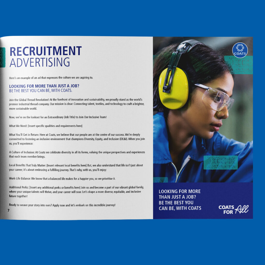 A Coats recruitment advertising spread, pairing a template job advert with a photograph of an employee in safety glasses and ear defenders.