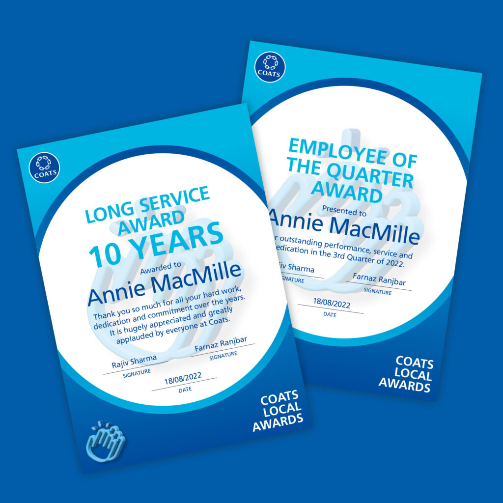 Two Coats Local Awards certificates, one a ten-year long service award and one an employee of the quarter award.