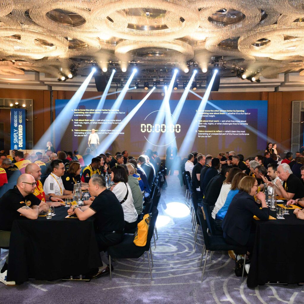 Delegates seated at long tables in the FOCUS ballroom during a timed table discussion, with the brief and a countdown clock on screen.
