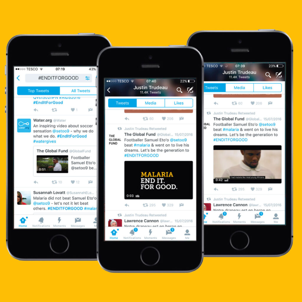 Three phone screens showing End It For Good campaign activity on Twitter, including a Global Fund post about footballer Samuel Eto'o retweeted by Justin Trudeau.