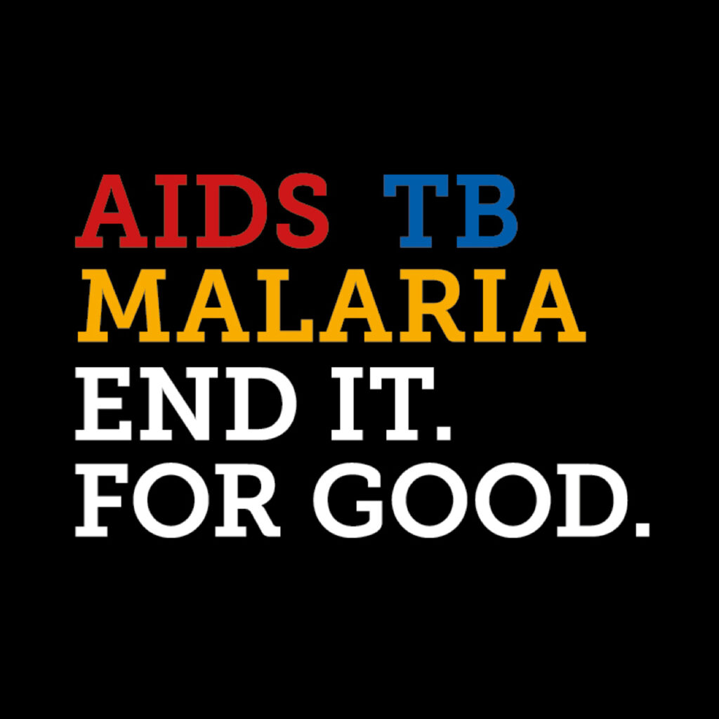 The campaign lockup on black: AIDS in red, TB in blue and Malaria in yellow, above "End it. For good." in white.