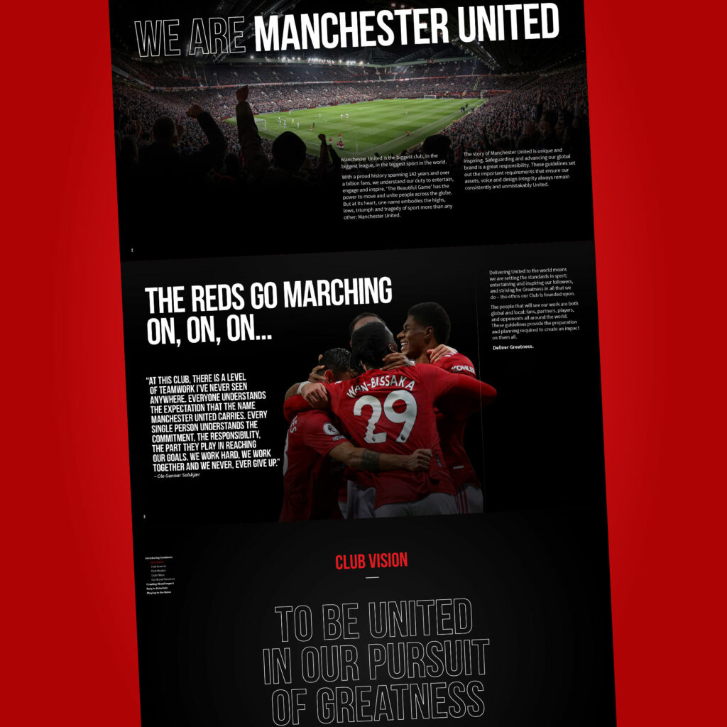 Brand guideline spreads headed "We are Manchester United" and "The Reds go marching on, on, on", with a packed Old Trafford and players celebrating.