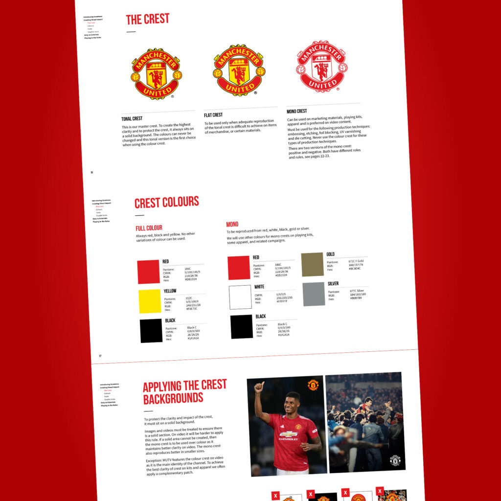 Brand guideline spreads showing the tonal, flat and mono versions of the Manchester United crest, with the red, yellow and black colour specifications.