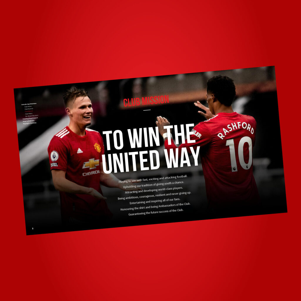 A brand guideline spread headed "To win the United way", showing two players celebrating, with the club mission listed beneath.