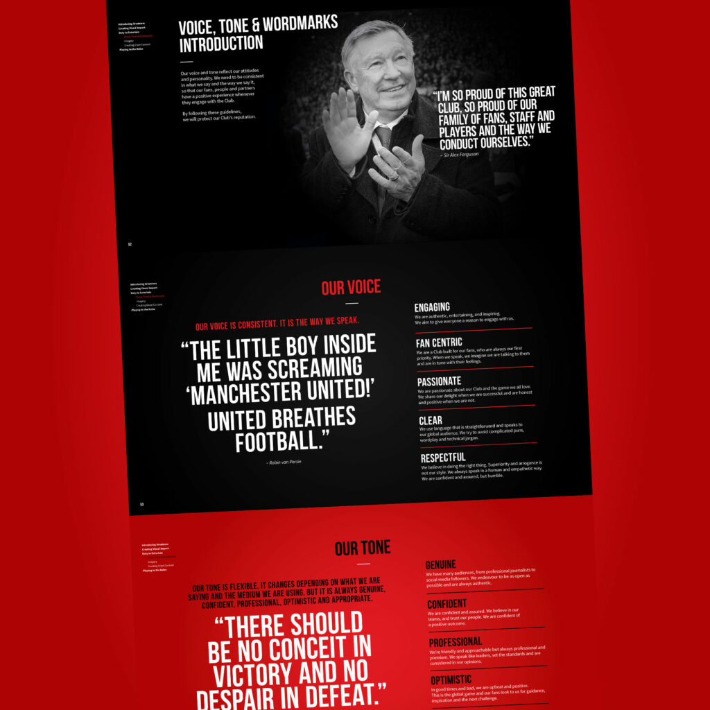 Brand guideline spreads on voice and tone, illustrated with a black-and-white photograph of Sir Alex Ferguson applauding, alongside quotes from Sir Alex Ferguson and Robin van Persie.
