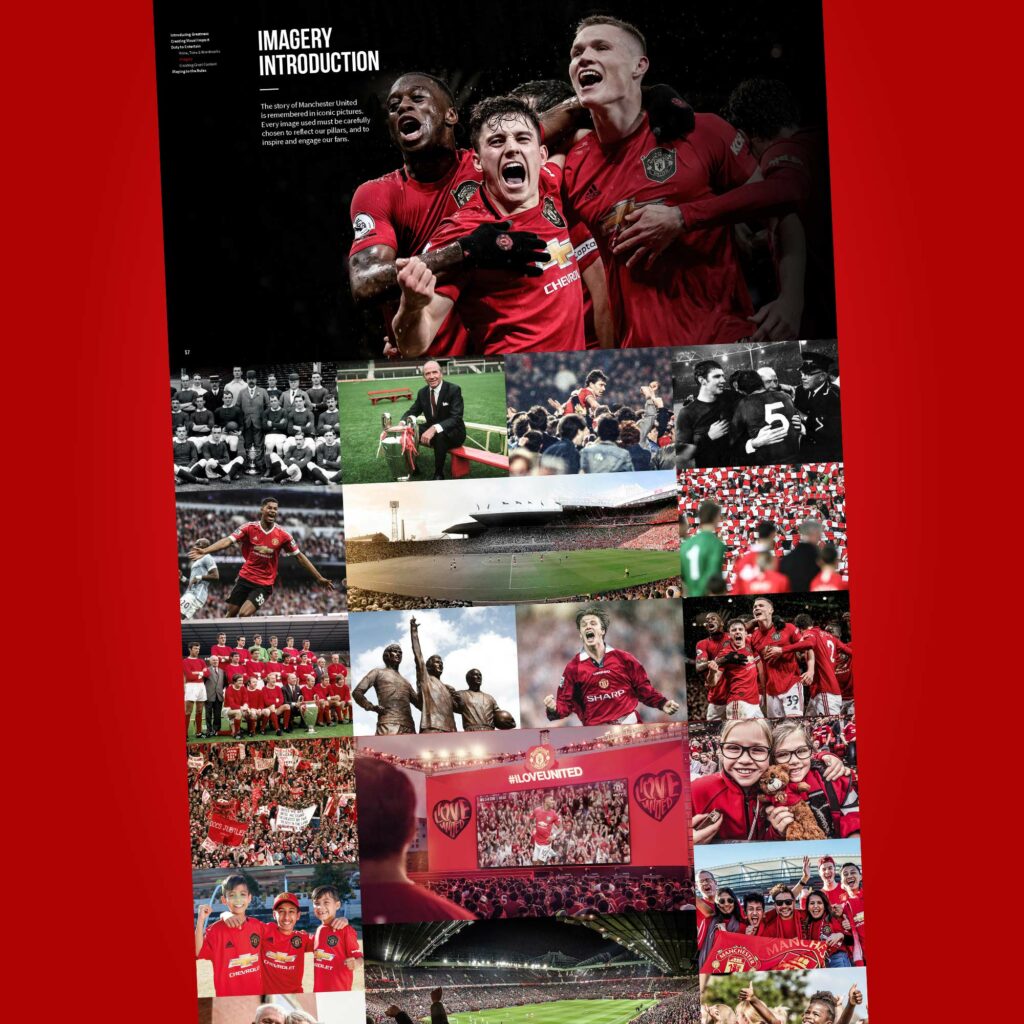 A brand guideline spread on imagery, showing players celebrating above a grid of archive and contemporary photographs of the club, Old Trafford and its fans.