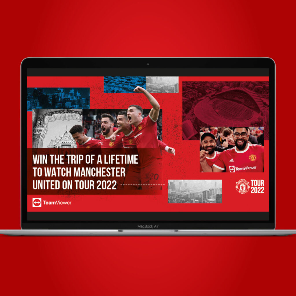 A laptop showing the Tour 2022 competition landing page, headed "Win the trip of a lifetime to watch Manchester United on tour 2022".