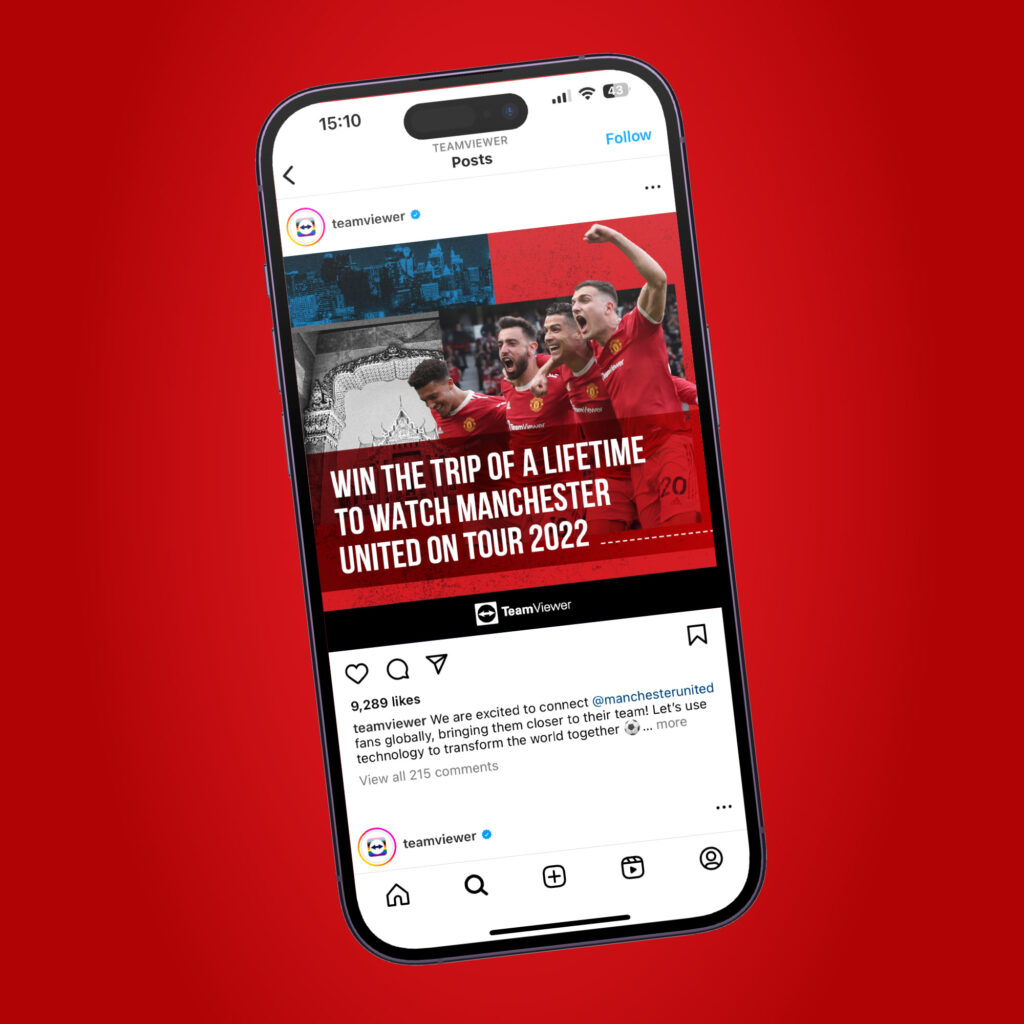 A phone showing the TeamViewer Instagram post announcing the Tour 2022 competition, with 9,289 likes and 215 comments.