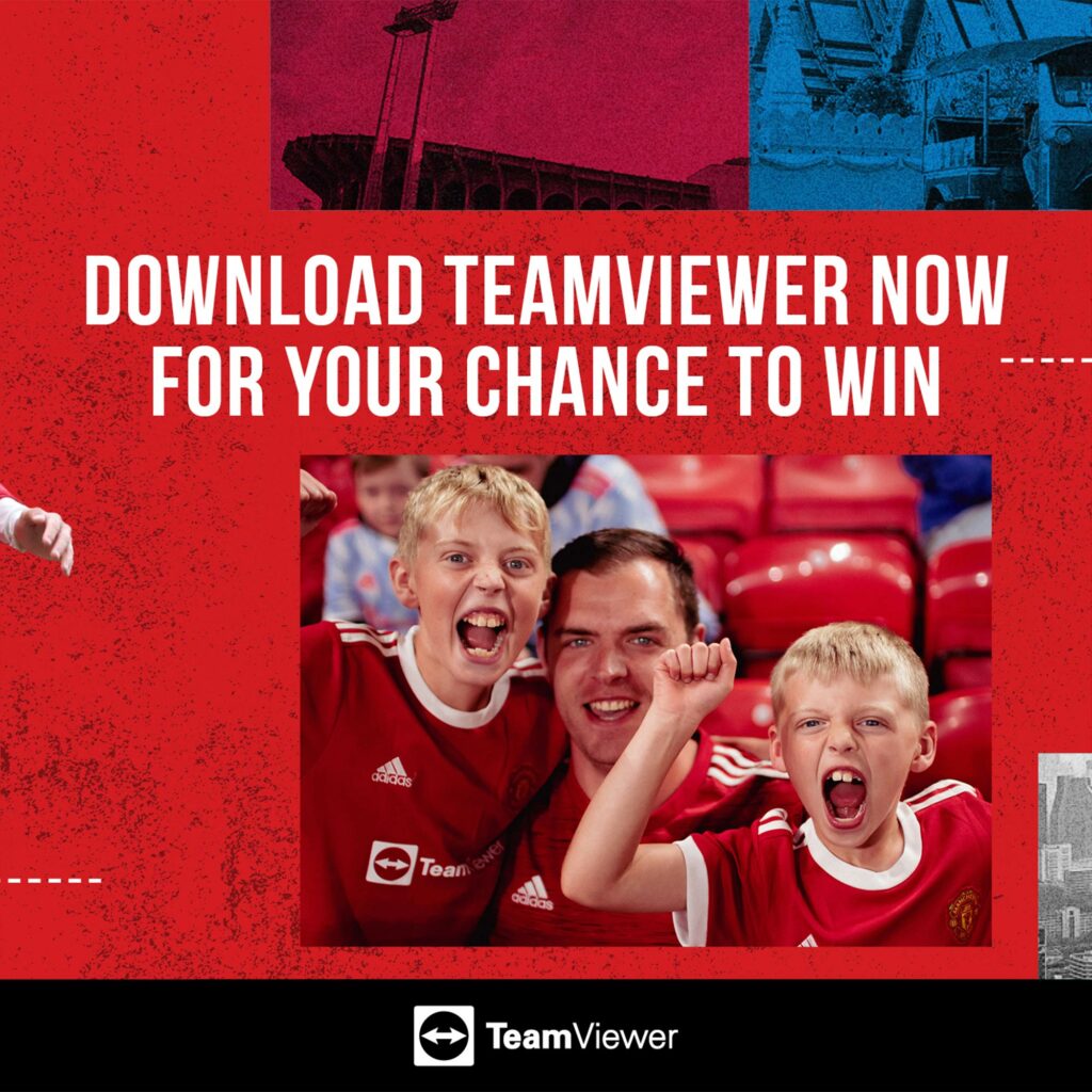 Campaign creative reading "Download TeamViewer now for your chance to win", over a father and two children celebrating in United shirts.