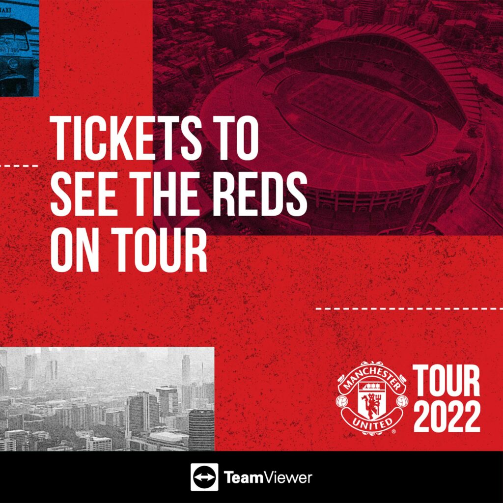 Campaign creative reading "Tickets to see the Reds on tour", over an aerial view of a stadium in tour red.