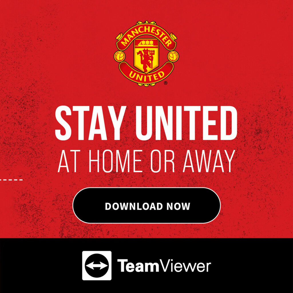 Campaign creative carrying the Manchester United crest and the line "Stay United at home or away", with a Download now button.