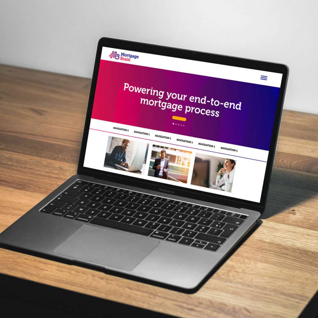 A laptop on a desk showing the rebranded Mortgage Brain website, headed "Powering your end-to-end mortgage process".
