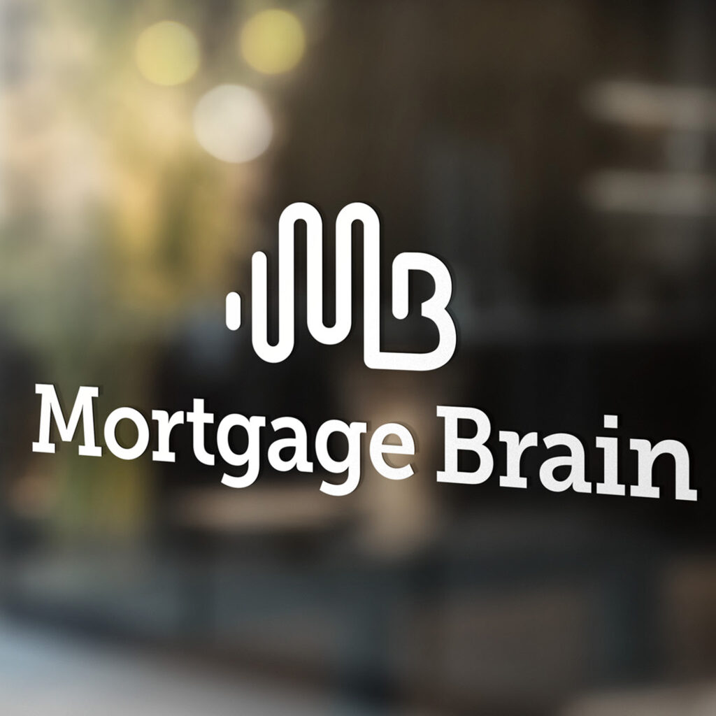 The Mortgage Brain logo and wordmark applied in white to office glazing.
