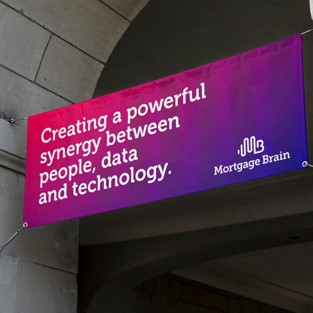 A gradient Mortgage Brain banner hung under a stone arch, reading "Creating a powerful synergy between people, data and technology."