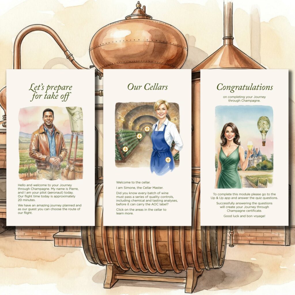 Three Journey through Champagne module screens shown against a watercolour copper still: an introduction from Pierre the balloon pilot, an interactive cellar tour with Simone the Cellar Master, and a completion screen.