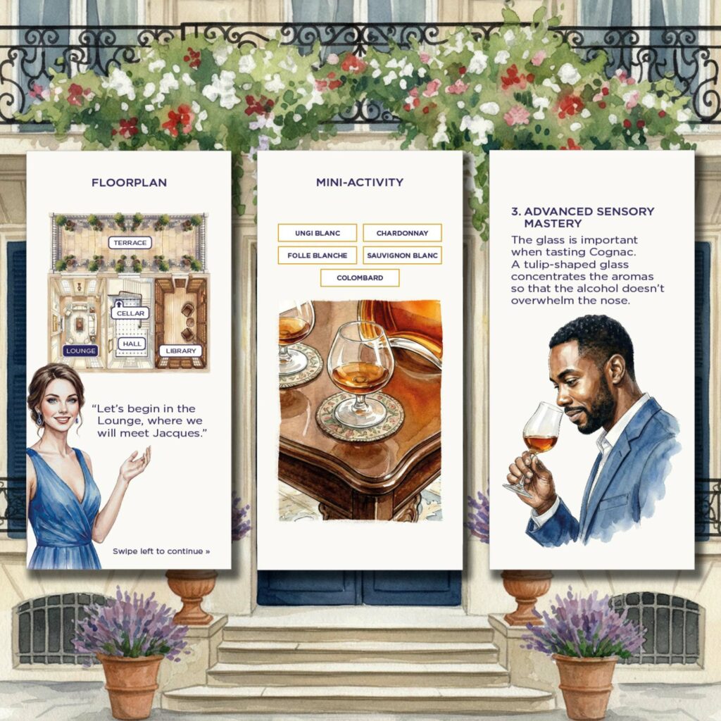 Three Secret Cognac Soiree screens shown against a watercolour Paris townhouse: a house floorplan, a grape variety mini-activity, and a sensory mastery page on glassware.
