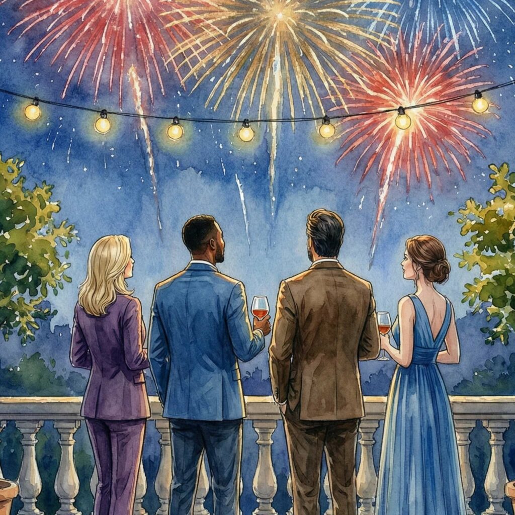 A watercolour illustration of four guests in evening dress on a terrace, holding cognac glasses and watching fireworks overhead.