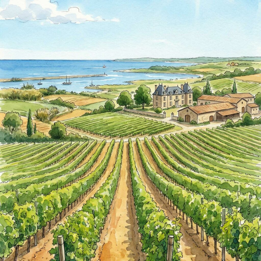 A watercolour illustration of vineyard rows running down to an estuary, with a chateau and outbuildings on the hillside.