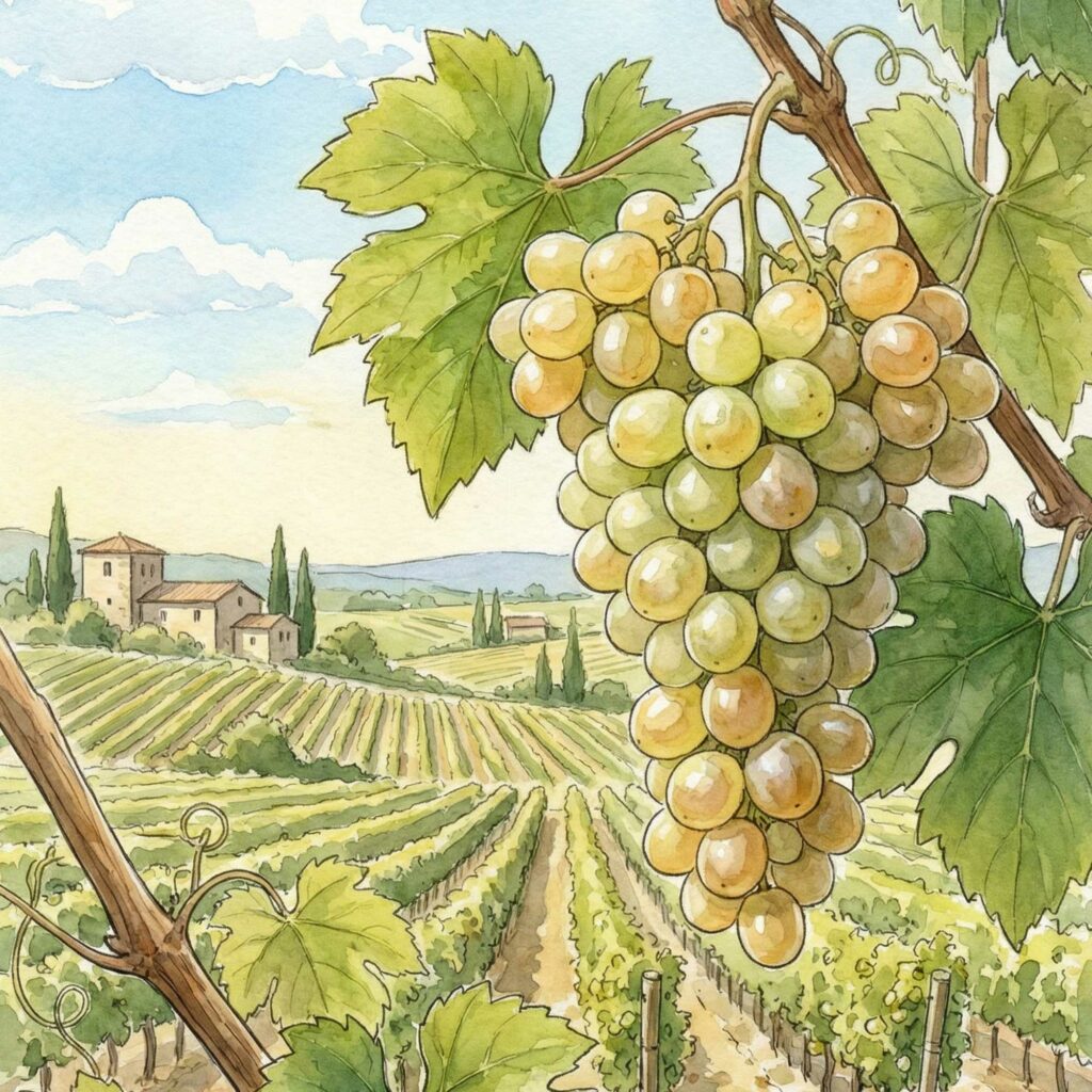 A watercolour illustration of a bunch of white grapes on the vine, with vineyard rows and a farmhouse behind.