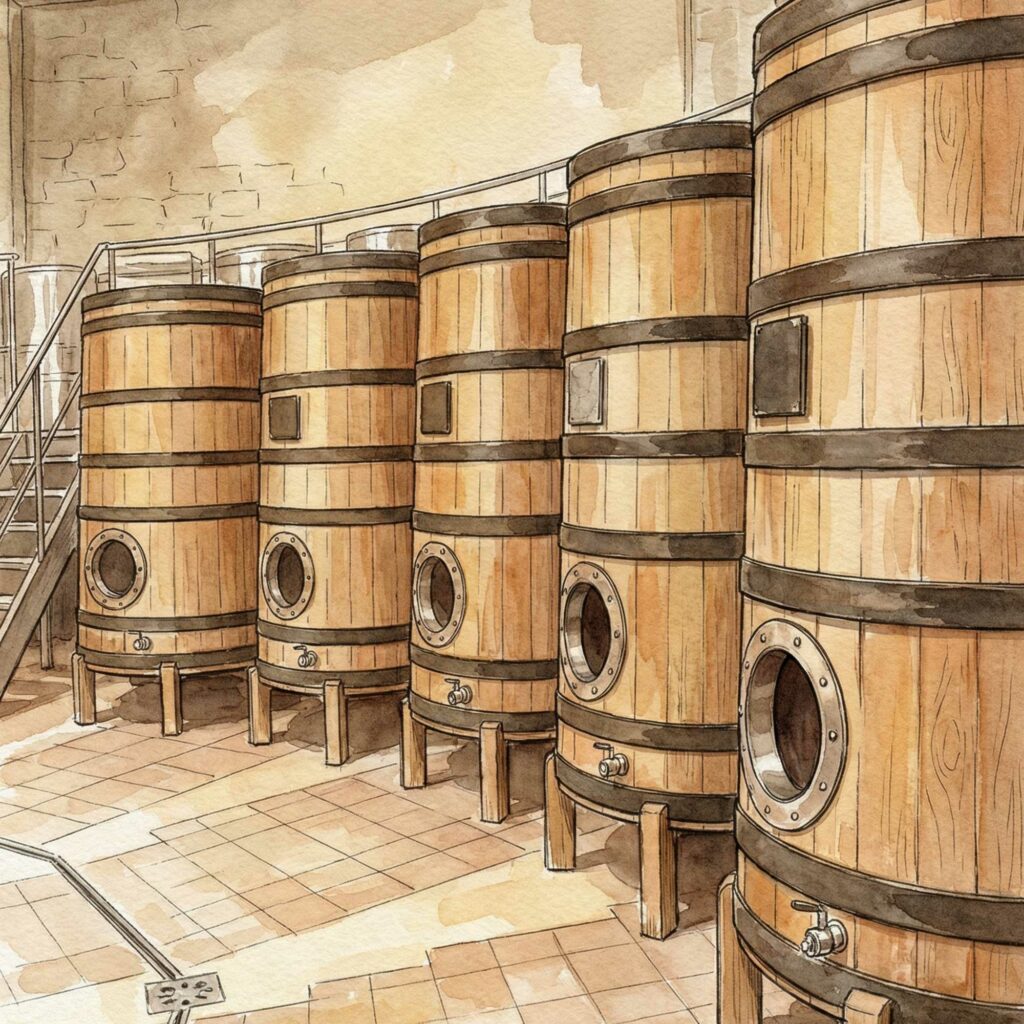 A watercolour illustration of a row of large wooden fermentation vats in a tiled cellar.