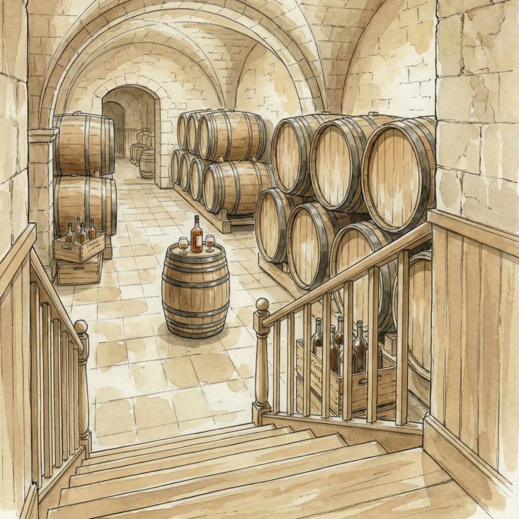 A watercolour illustration of a vaulted stone cellar lined with cognac barrels, with a tasting set out on a barrel head.
