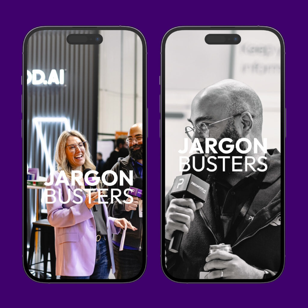 Two phone screens showing the Pinewood.AI Jargon Busters social series, each with a presenter holding a branded microphone on the event floor.