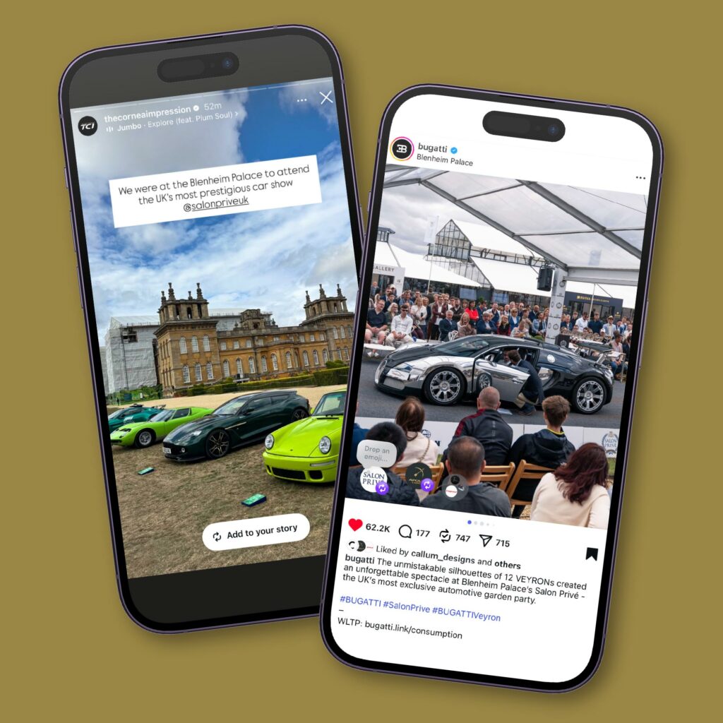 Two phone screens showing social coverage of Salon Prive at Blenheim Palace, including a Bugatti post about twelve Veyrons.
