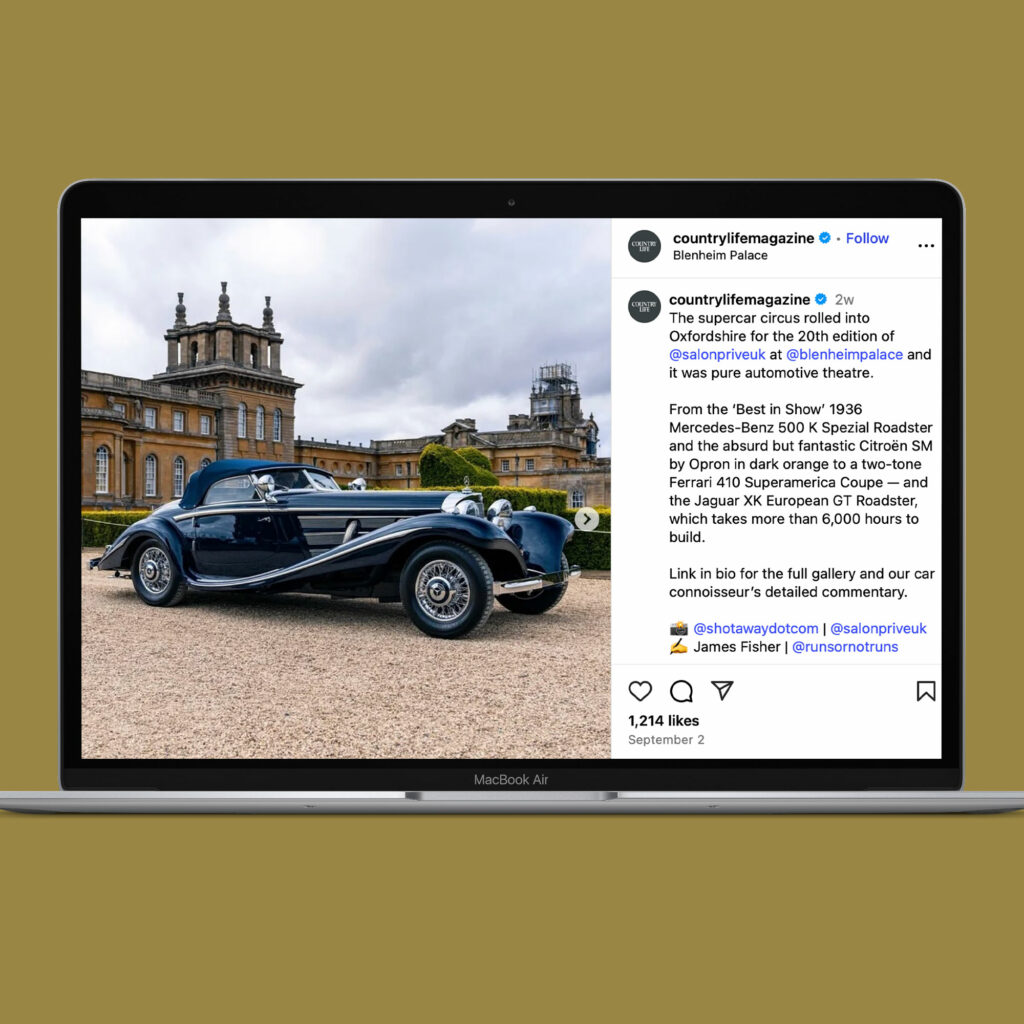 A laptop showing a Country Life Instagram post about the 20th Salon Prive, featuring a 1936 Mercedes-Benz at Blenheim Palace.