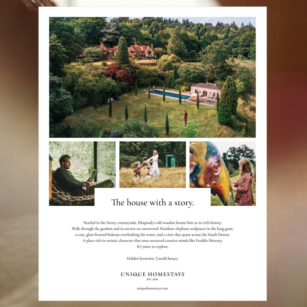 A Unique Homestays press advert headed "The house with a story", showing an aerial view of Rhapsody in the Surrey countryside above three lifestyle images.