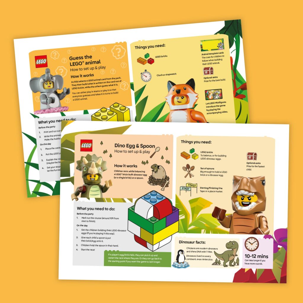 Printed party activity sheets for Guess the LEGO Animal and Dino Egg and Spoon
