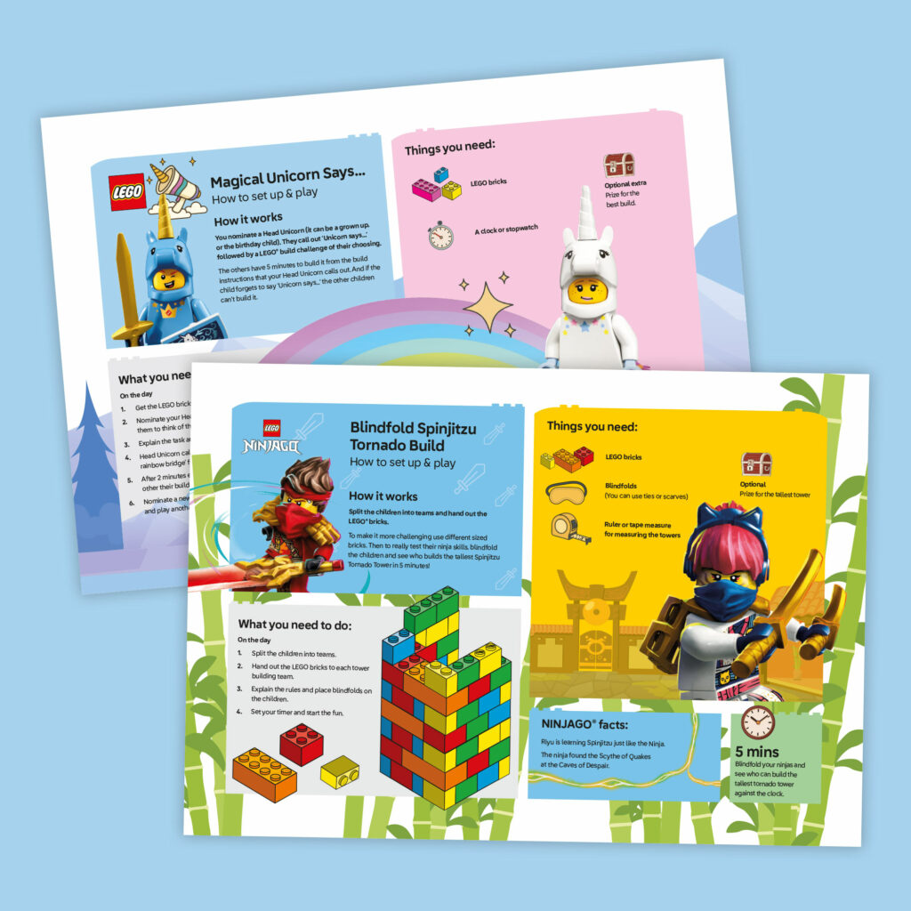 Printed party activity sheets for Magical Unicorn Says and the LEGO Ninjago Blindfold Spinjitzu Tornado Build