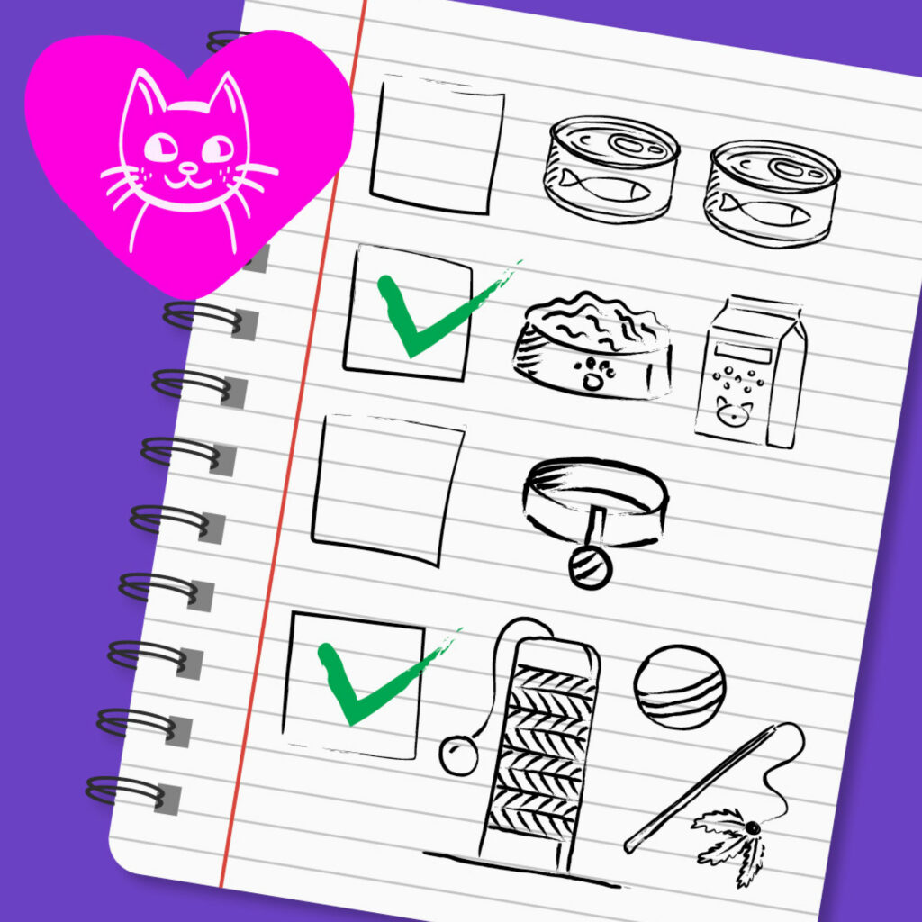 A hand-drawn checklist of cat supplies in a spiral notebook, with a pink heart and a cat's face