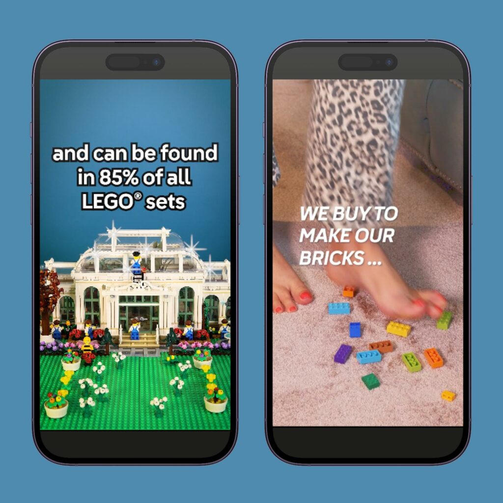 Two phones showing social films: a LEGO botanical garden captioned as found in 85% of all LEGO sets, and bare feet among scattered bricks