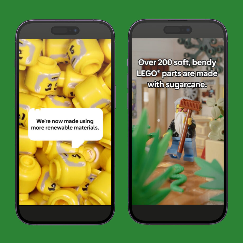 Two phones showing social films: a pile of yellow minifigure heads, and a wizard minifigure among green plant elements
